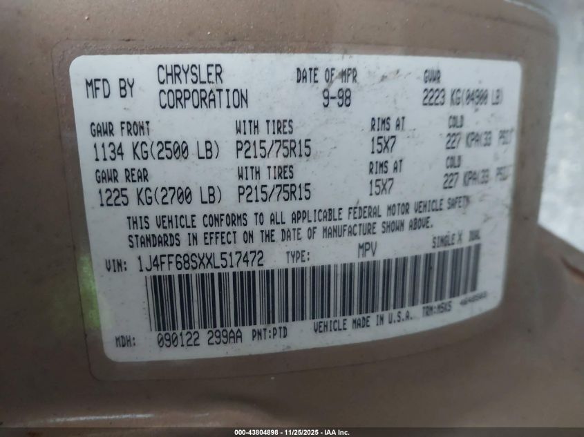 1999 Jeep Cherokee Classic/Sport VIN: 1J4FF68SXXL517472 Lot: 43804898