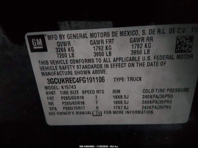 2015 Chevrolet Silverado 1500 2Lt VIN: 3GCUKREC4FG191106 Lot: 43804902