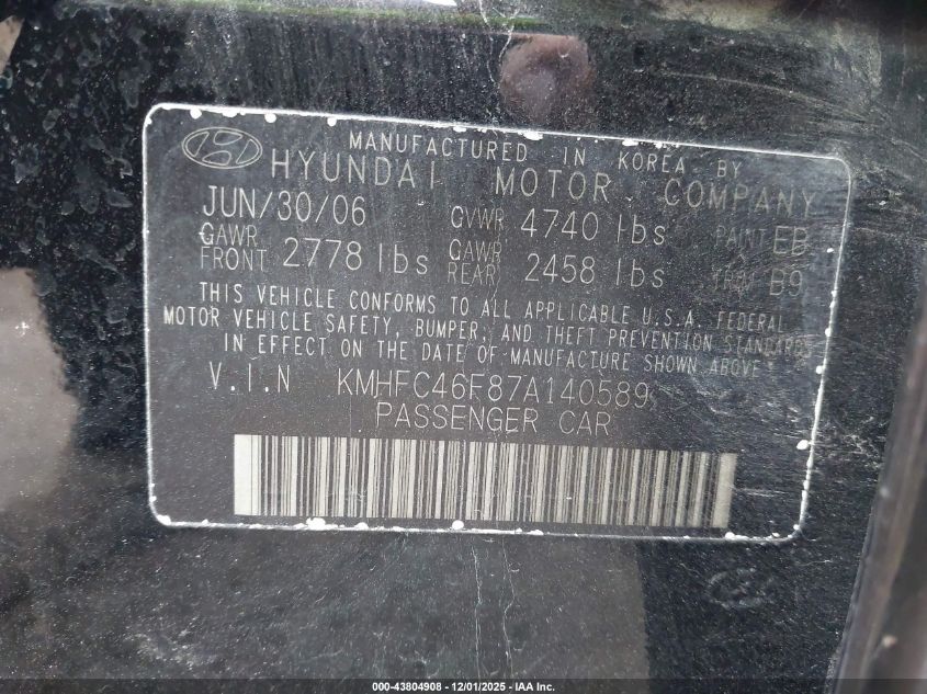 2007 Hyundai Azera Limited/Se VIN: KMHFC46F87A140589 Lot: 43804908