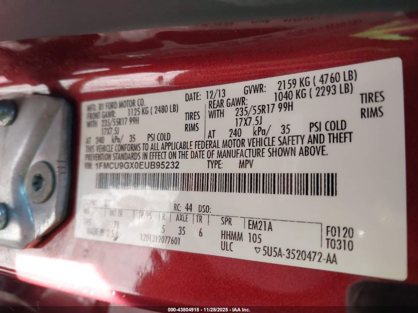 2014 Ford Escape Se VIN: 1FMCU9GX0EUB95232 Lot: 43804918