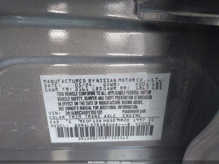 2024 Nissan Sentra Sv Xtronic Cvt VIN: 3N1AB8CV4RY355165 Lot: 43804934