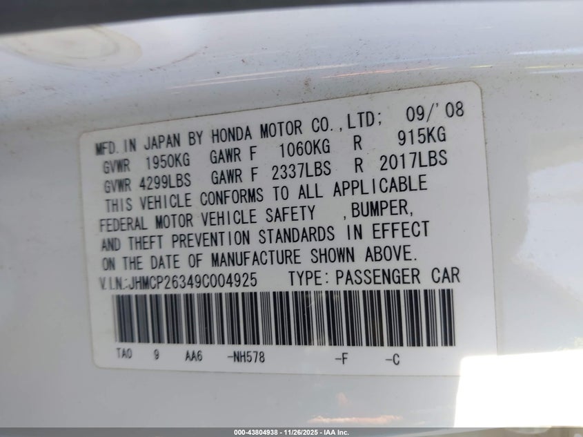 2009 Honda Accord 2.4 Lx VIN: JHMCP26349C004925 Lot: 43804938
