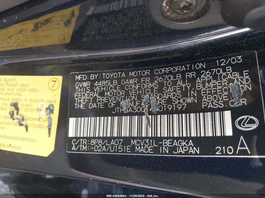 2004 Lexus Es 330 VIN: JTHBA30G145019197 Lot: 43804942