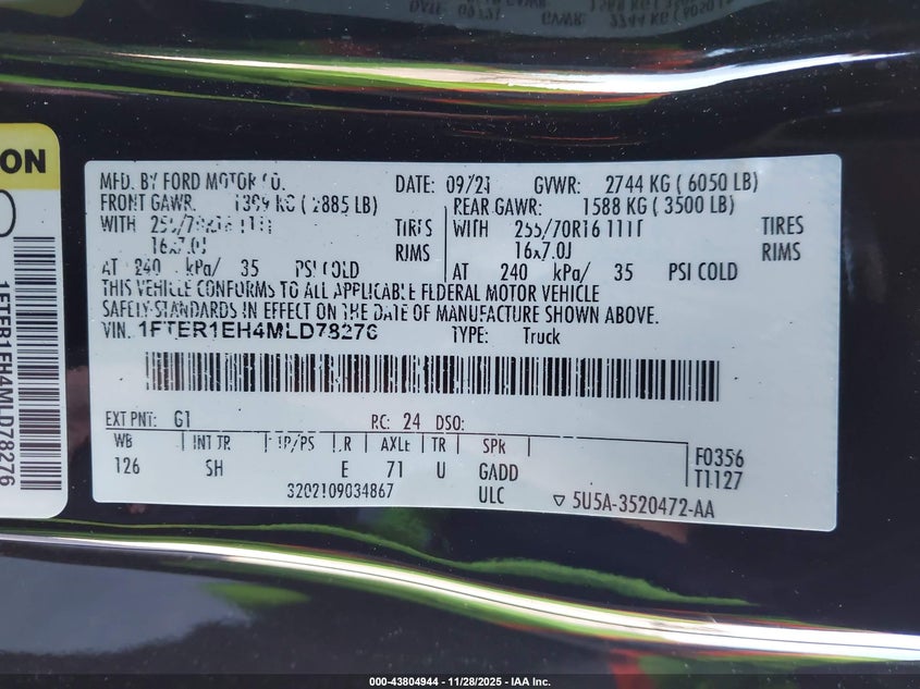 2021 Ford Ranger Xl VIN: 1FTER1EH4MLD78276 Lot: 43804944