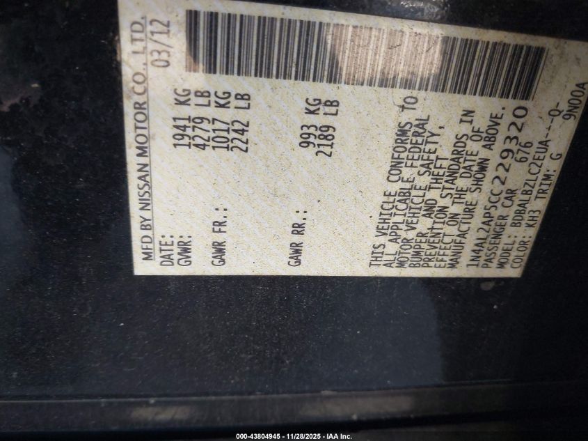 2012 Nissan Altima 2.5 S VIN: 1N4AL2AP5CC229320 Lot: 43804945