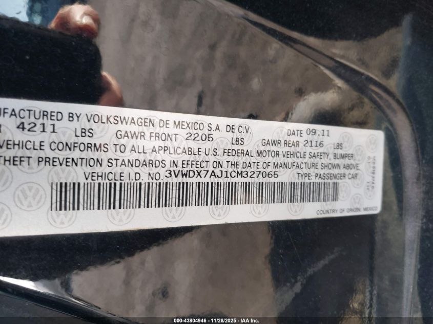 2012 Volkswagen Jetta 2.5L Se VIN: 3VWDX7AJ1CM327065 Lot: 43804946
