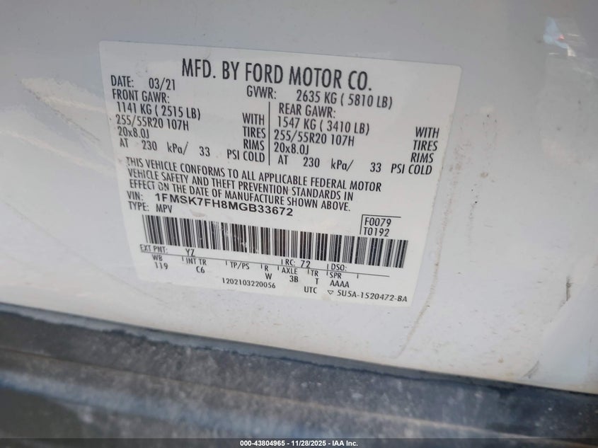 2021 Ford Explorer Limited VIN: 1FMSK7FH8MGB33672 Lot: 43804965