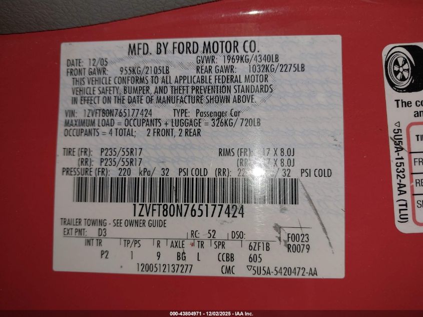 2006 Ford Mustang V6 VIN: 1ZVFT80N765177424 Lot: 43804971