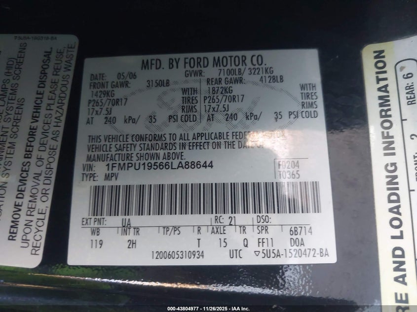 2006 Ford Expedition Limited VIN: 1FMPU19566LA88644 Lot: 43804977