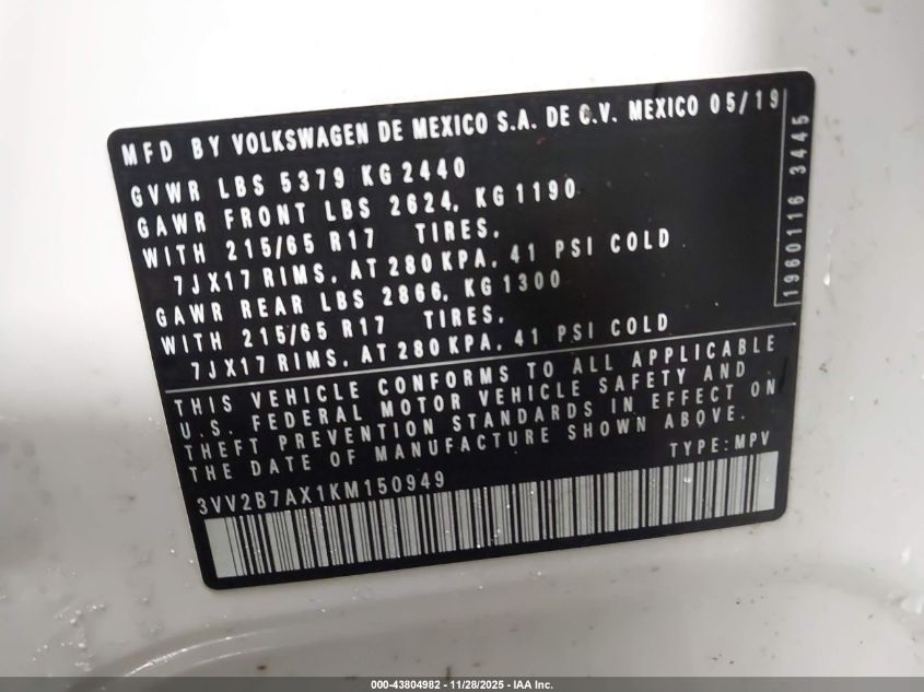 2019 Volkswagen Tiguan 2.0T Se/2.0T Sel/2.0T Sel R-Line/2.0T Sel R-Line Black VIN: 3VV2B7AX1KM150949 Lot: 43804982