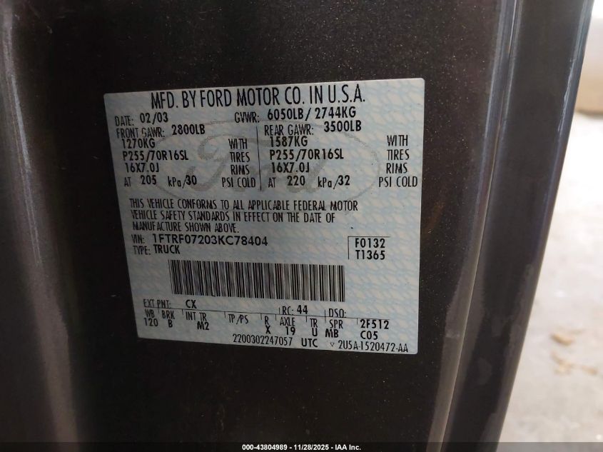 2003 Ford F-150 Xl/Xlt VIN: 1FTRF07203KC78404 Lot: 43804989