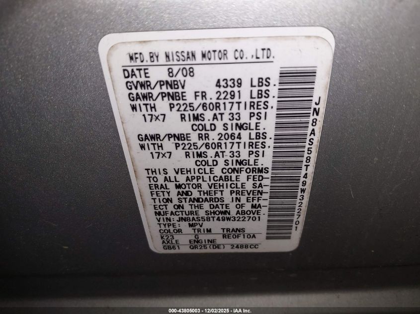 2009 Nissan Rogue Sl VIN: JN8AS58T49W322701 Lot: 43805003