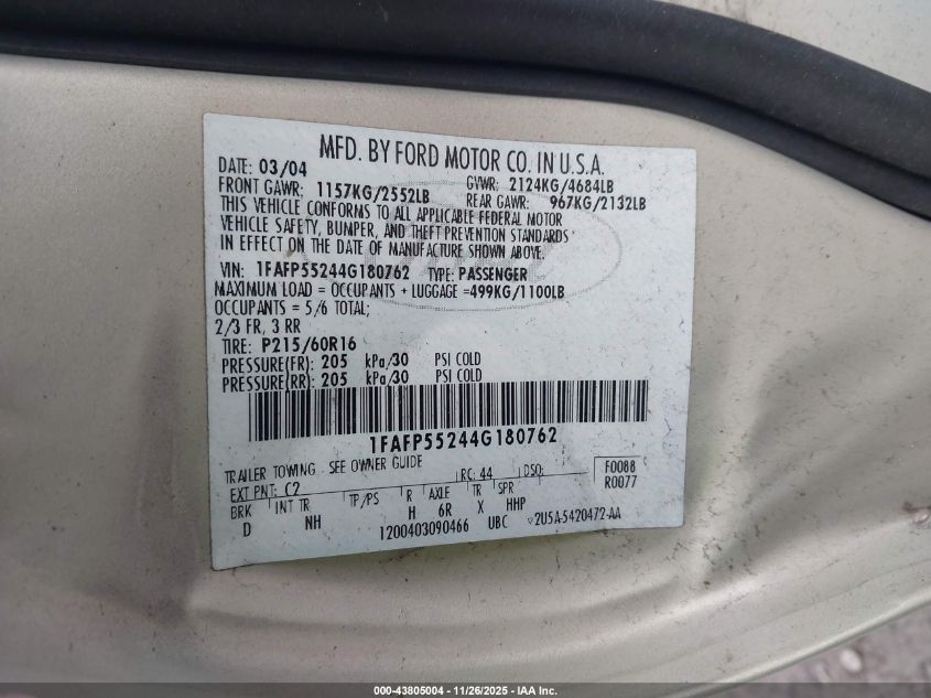 2004 Ford Taurus Ses VIN: 1FAFP55244G180762 Lot: 43805004