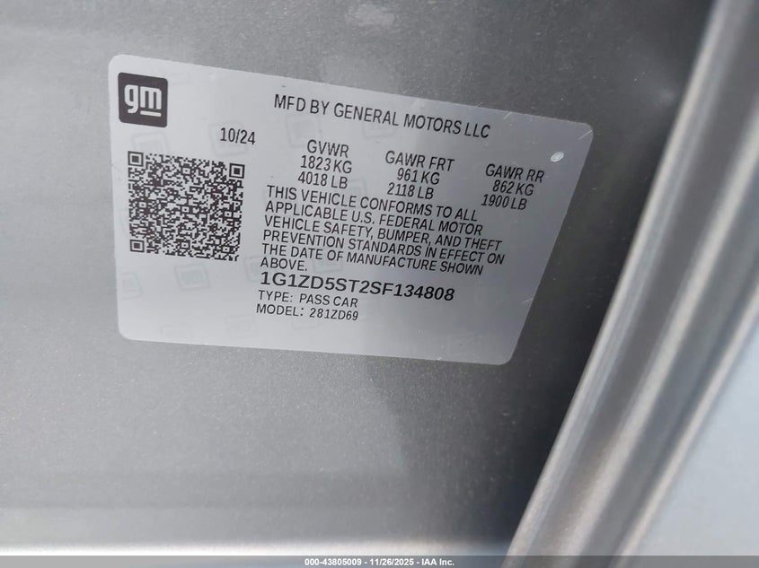 2025 Chevrolet Malibu Fwd 1Lt VIN: 1G1ZD5ST2SF134808 Lot: 43805009