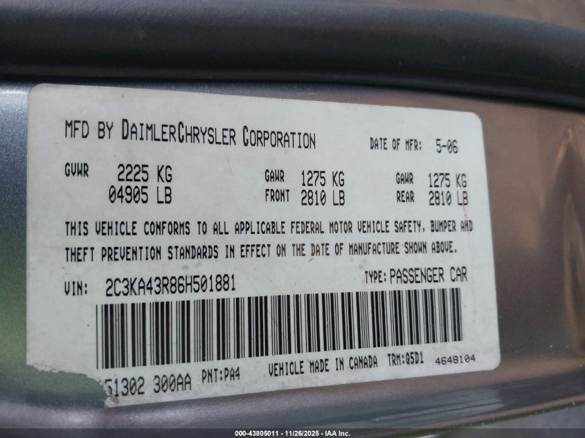 2006 Chrysler 300 VIN: 2C3KA43R86H501881 Lot: 43805011