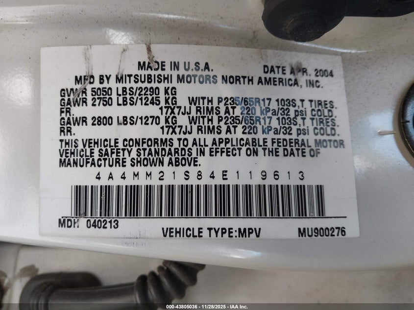 2004 Mitsubishi Endeavor Ls VIN: 4A4MM21S84E119613 Lot: 43805036