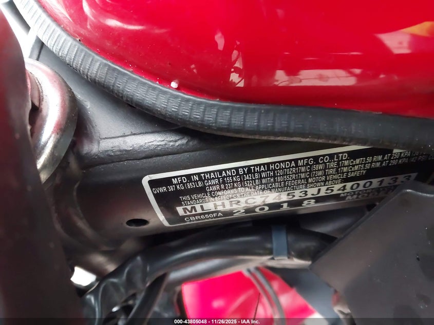 2018 Honda Cbr650 Fa VIN: MLHRC7453J5400133 Lot: 43805048