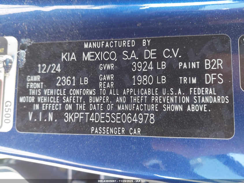 2025 Kia K4 Lxs VIN: 3KPFT4DE5SE064978 Lot: 43805061