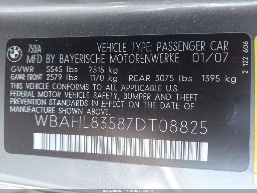 2007 BMW 750I VIN: WBAHL83587DT08825 Lot: 43805063