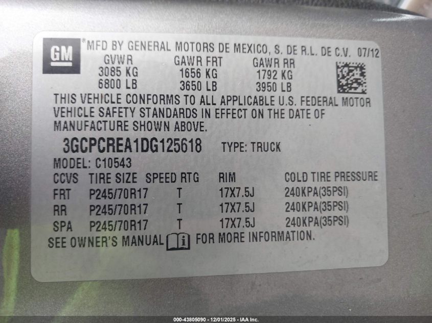 2013 Chevrolet Silverado 1500 Ls VIN: 3GCPCREA1DG125618 Lot: 43805090