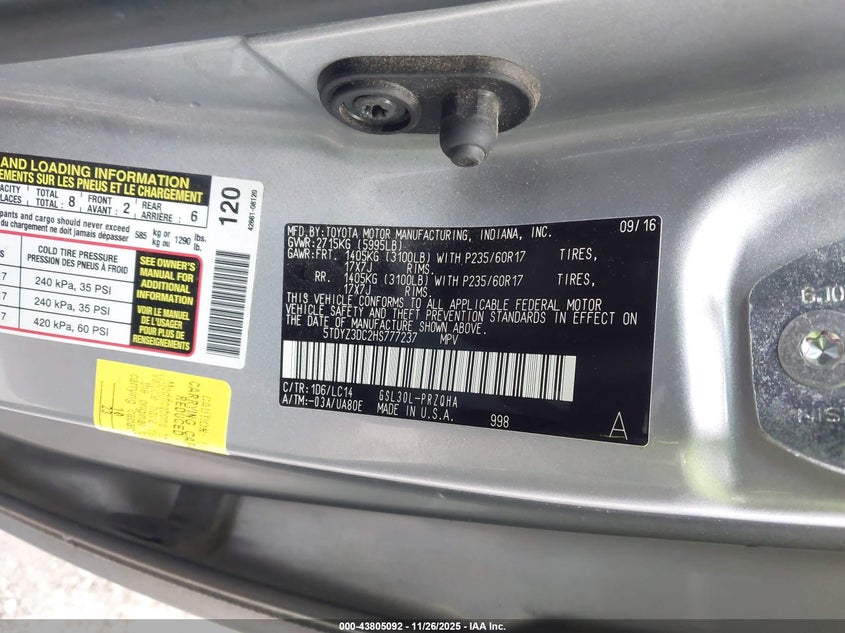 2017 Toyota Sienna Xle Premium 8 Passenger VIN: 5TDYZ3DC2HS777237 Lot: 43805092