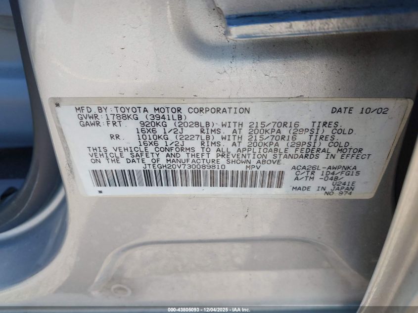 2003 Toyota Rav4 VIN: JTEGH20V730089810 Lot: 43805093