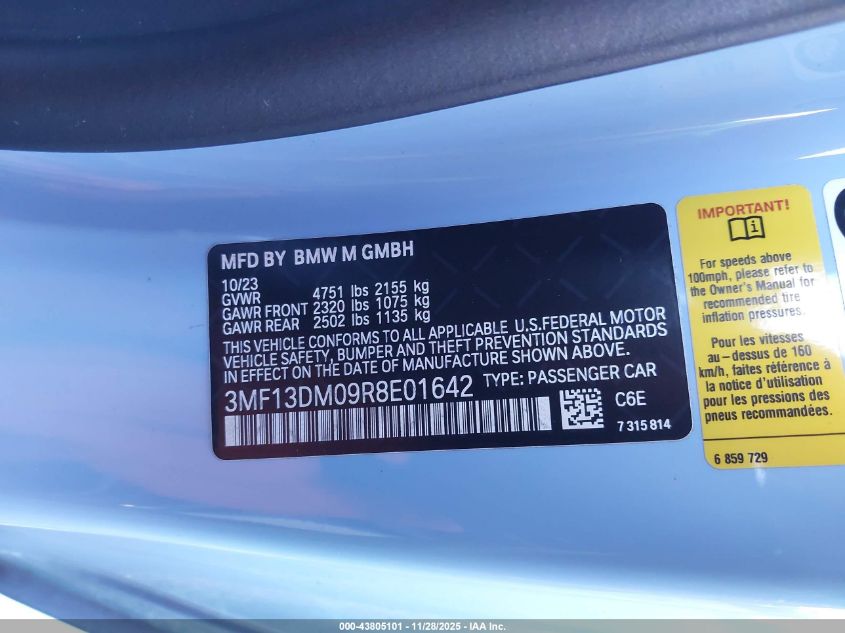 2024 BMW M2 VIN: 3MF13DM09R8E01642 Lot: 43805101