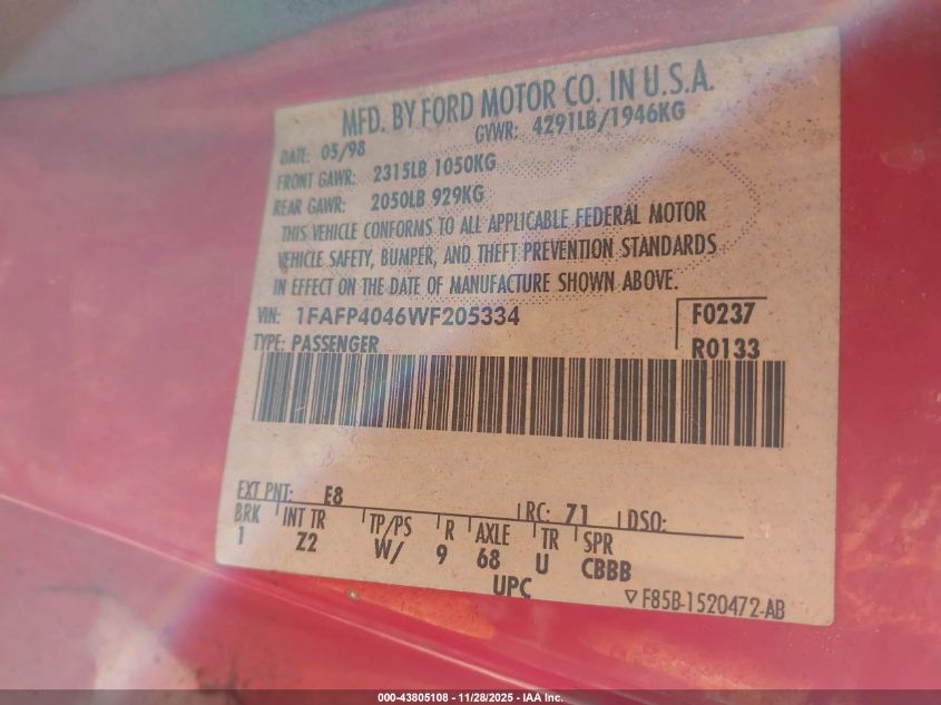 1998 Ford Mustang VIN: 1FAFP4046WF205334 Lot: 43805108