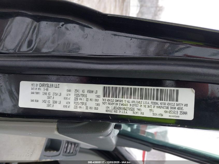 2008 Jeep Liberty Sport VIN: 1J8GN28K08W270526 Lot: 43805117