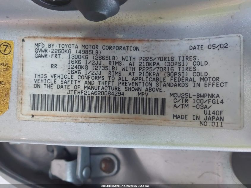 2002 Toyota Highlander V6 VIN: JTEHF21A620084294 Lot: 43805120