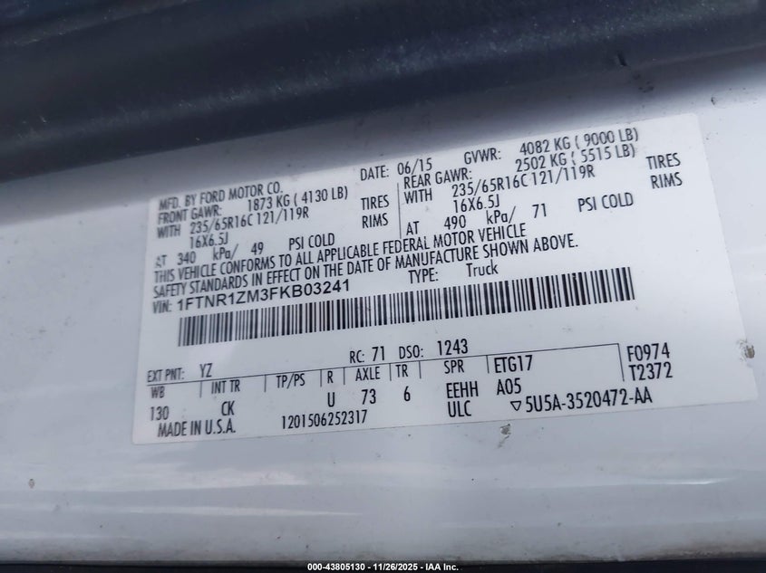 2015 Ford Transit-250 VIN: 1FTNR1ZM3FKB03241 Lot: 43805130