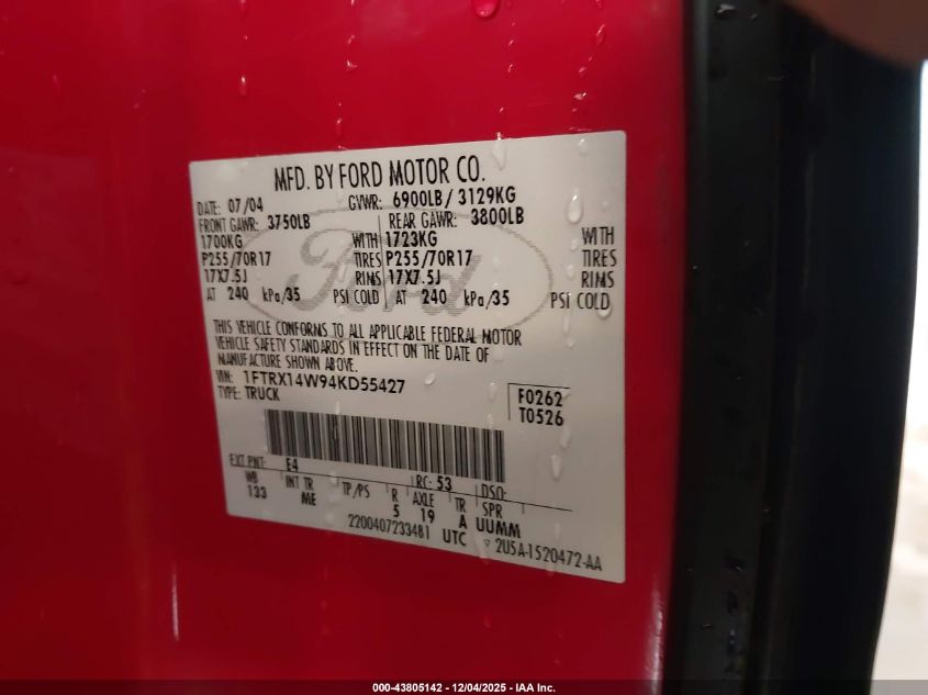 2004 Ford F-150 Stx/Xl/Xlt VIN: 1FTRX14W94KD55427 Lot: 43805142