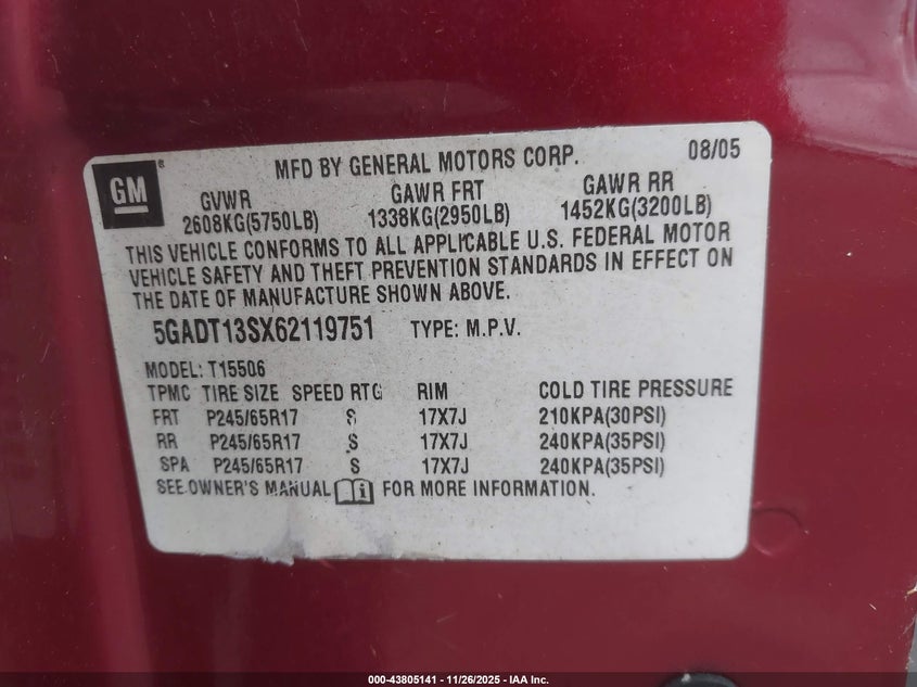 2006 Buick Rainier Cxl VIN: 5GADT13SX62119751 Lot: 43805141