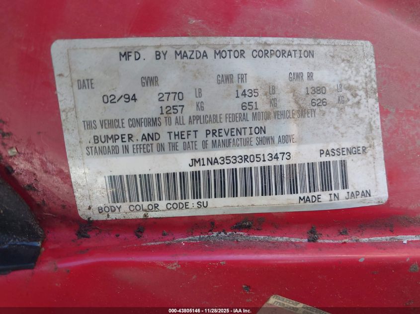 1994 Mazda Mx-5 Miata VIN: JM1NA3533R0513473 Lot: 43805146