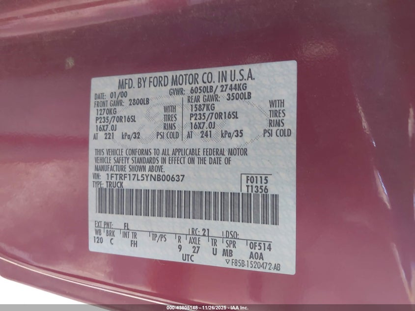 2000 Ford F-150 Work Series/Xl/Xlt VIN: 1FTRF17L5YNB00637 Lot: 43805148