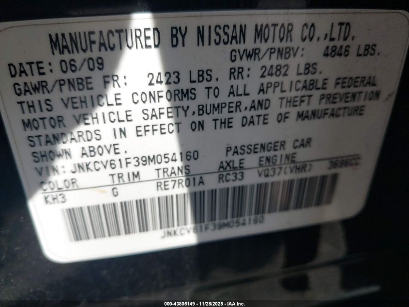 2009 Infiniti G37X VIN: JNKCV61F39M054160 Lot: 43805149