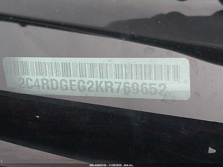 2019 Dodge Grand Caravan Gt VIN: 2C4RDGEG2KR769652 Lot: 43805155