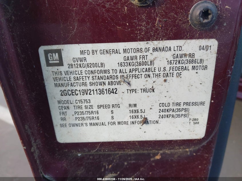 2001 Chevrolet Silverado 1500 Ls VIN: 2GCEC19V211361642 Lot: 43805156