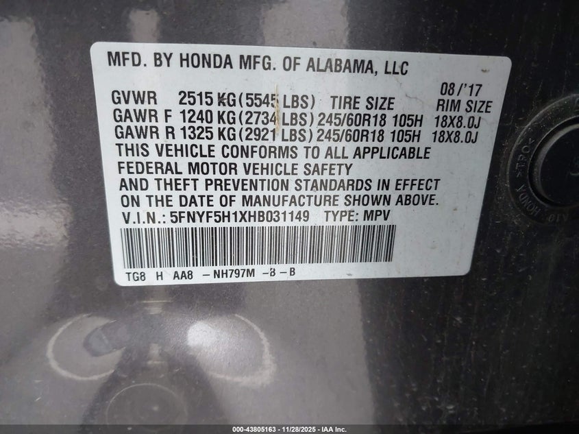 2017 Honda Pilot Lx VIN: 5FNYF5H1XHB031149 Lot: 43805163