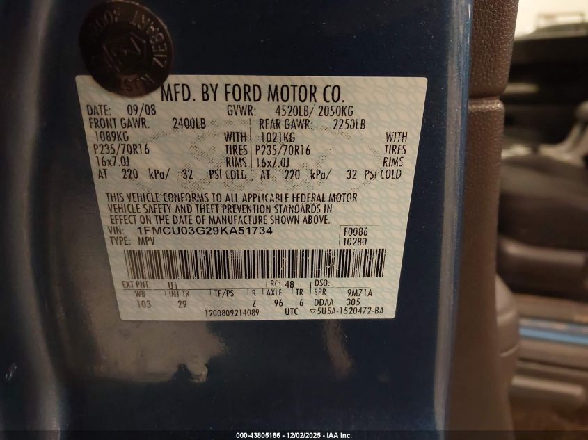 2009 Ford Escape Xlt VIN: 1FMCU03G29KA51734 Lot: 43805166