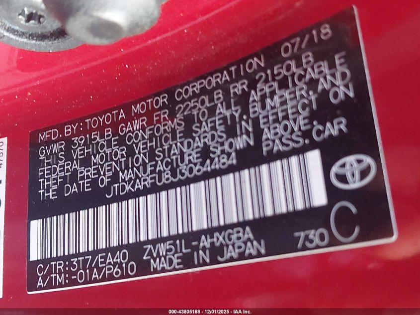 2018 Toyota Prius Four VIN: JTDKARFU8J3064484 Lot: 43805168