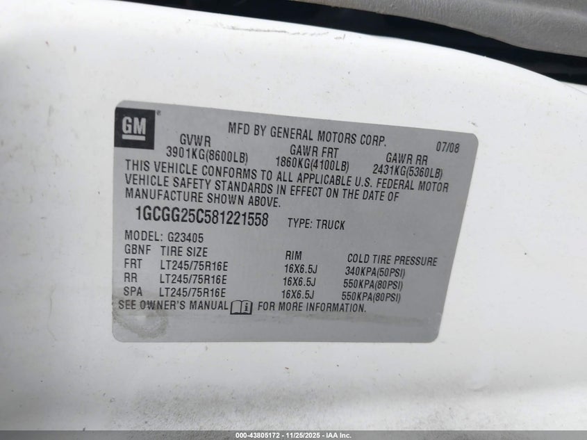 2008 Chevrolet Express Work Van VIN: 1GCGG25C581221558 Lot: 43805172