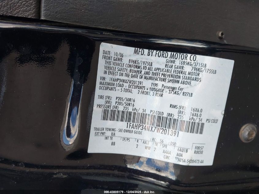 2007 Ford Focus S/Se/Ses VIN: 1FAHP34NX7W201391 Lot: 43805179