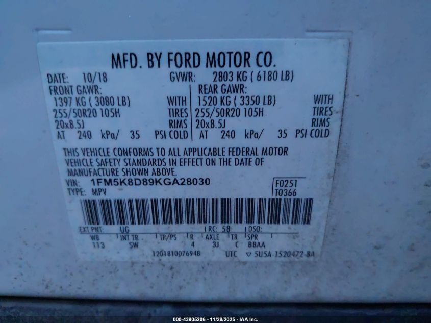 2019 Ford Explorer Xlt VIN: 1FM5K8D89KGA28030 Lot: 43805206