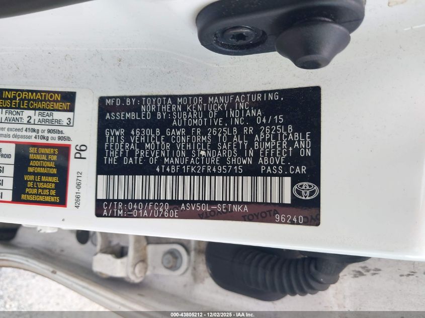 2015 Toyota Camry Le VIN: 4T4BF1FK2FR495715 Lot: 43805212