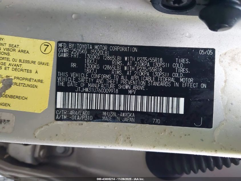 2006 Lexus Rx 400H VIN: JTJHW31U760009918 Lot: 43805214