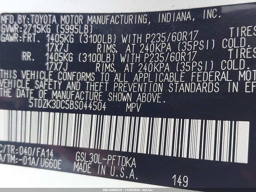 2011 Toyota Sienna Base V6 VIN: 5TDZK3DC5BS044504 Lot: 43805219