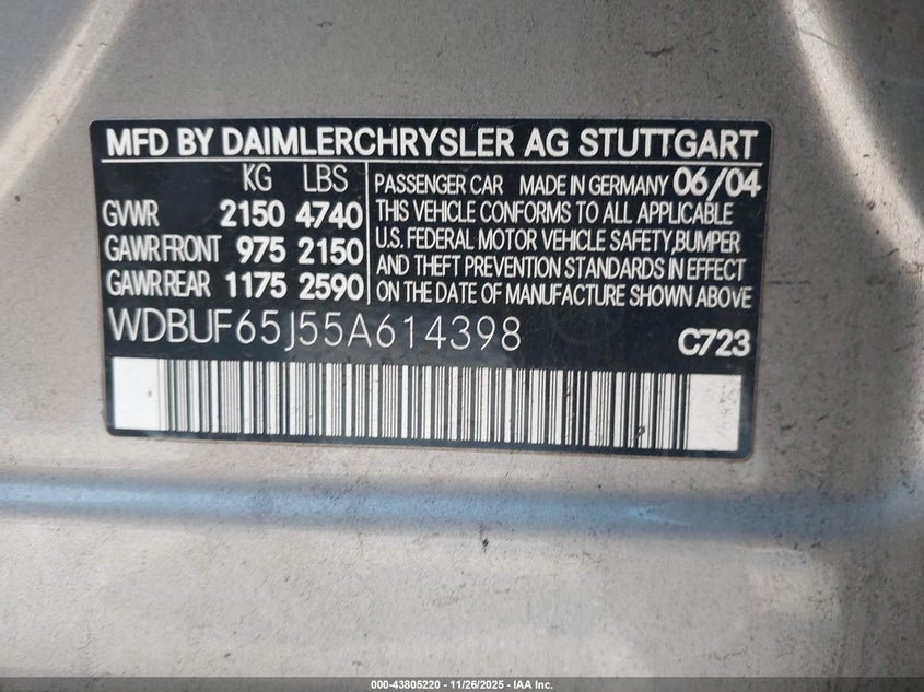 2005 Mercedes-Benz E 320 VIN: WDBUF65J55A614398 Lot: 43805220