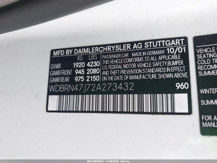 2002 Mercedes-Benz C 230 VIN: WDBRN47J72A273432 Lot: 43805224