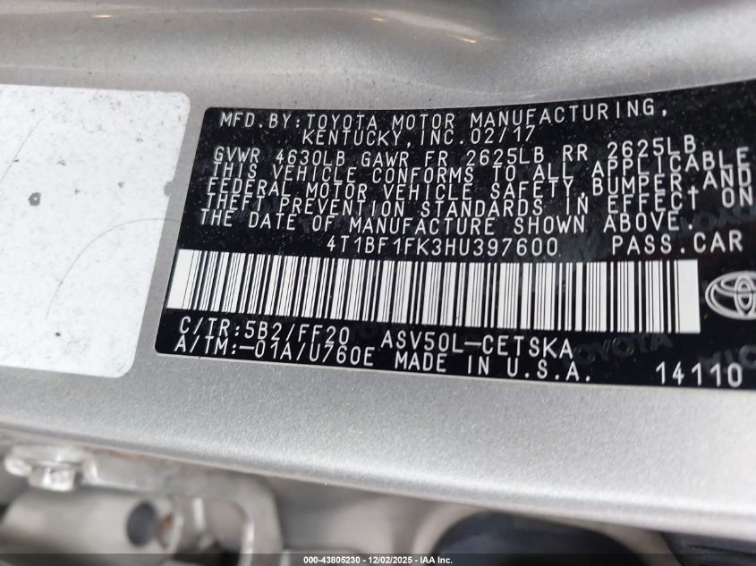 2017 Toyota Camry Se VIN: 4T1BF1FK3HU397600 Lot: 43805230